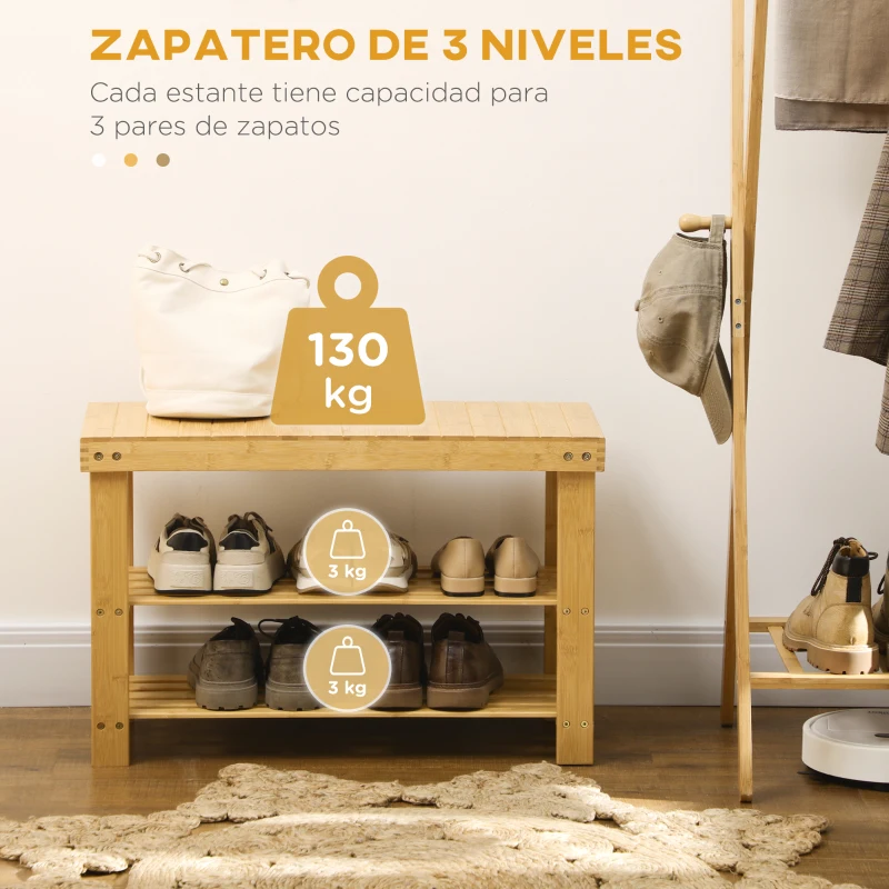HOMCOM Banco Zapatero de Bambú con Asiento y 2 Estantes para 6 Pares para Entrada Salón Dormitorio 70x28x45 cm Natural