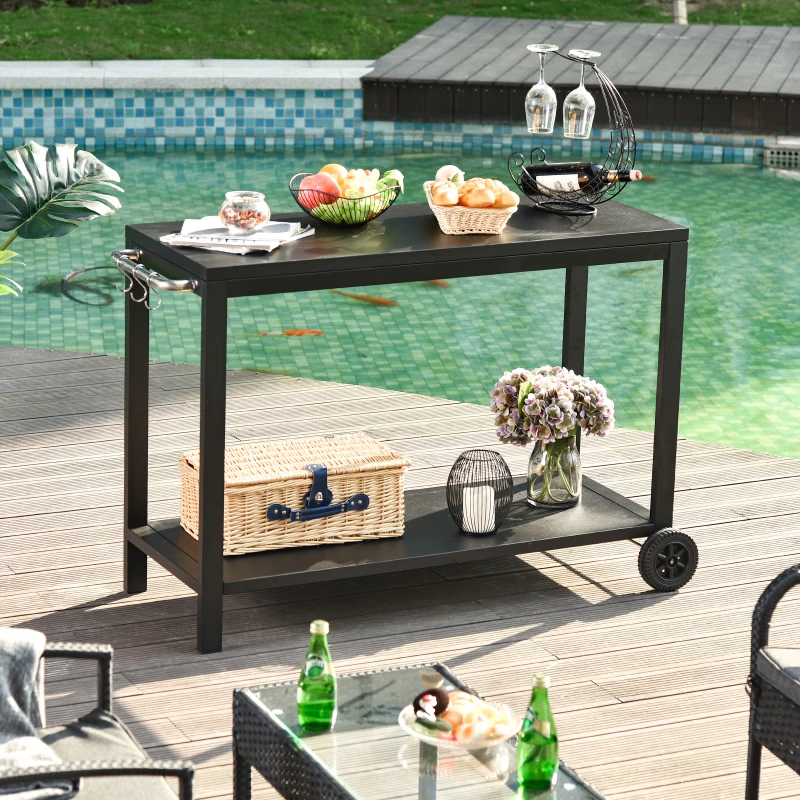 HOMCOM Desserte de Jardin en Acier Desserte pour plancha Chariot de Service à roulettes Desserte extérieure à roulettes avec plan de travail dim. 135L x 46l x 86H cm Noir