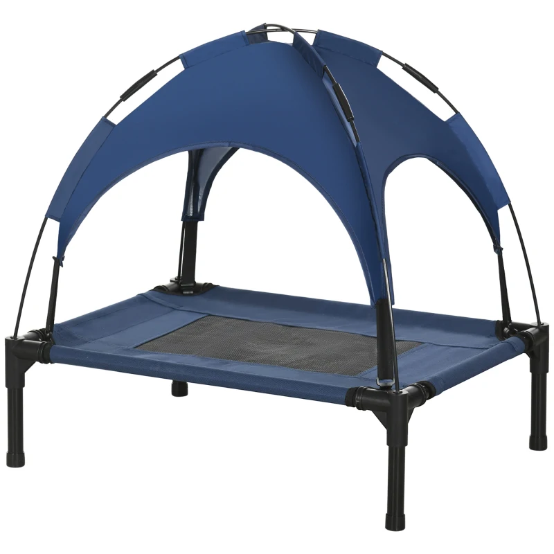 PawHut Raised Dog Bed Waterproof Elevated Pet Cot with Breathable Mesh UV Protection Canopy Blue, for Small Dogs, 61 x 46 x 62cm