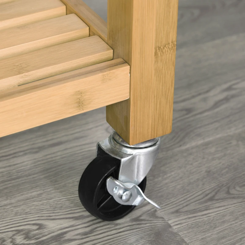 HOMCOM Desserte chariot de cuisine - 2 tiroirs poignées métal, 2 étagères, porte-torchon - bois massif bambou verni