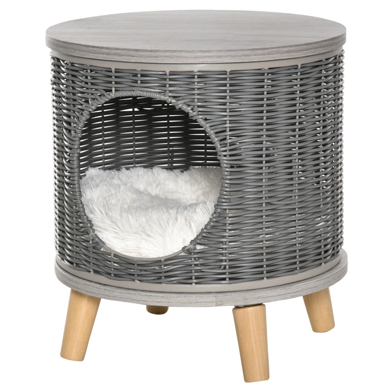 PawHut Cueva para Gatos de Ratán Ø36x40,5 cm Cesta para Gatos Rolliza con Cojín Lavable Plataforma y Patas de Madera de Pino Extraíble Gris