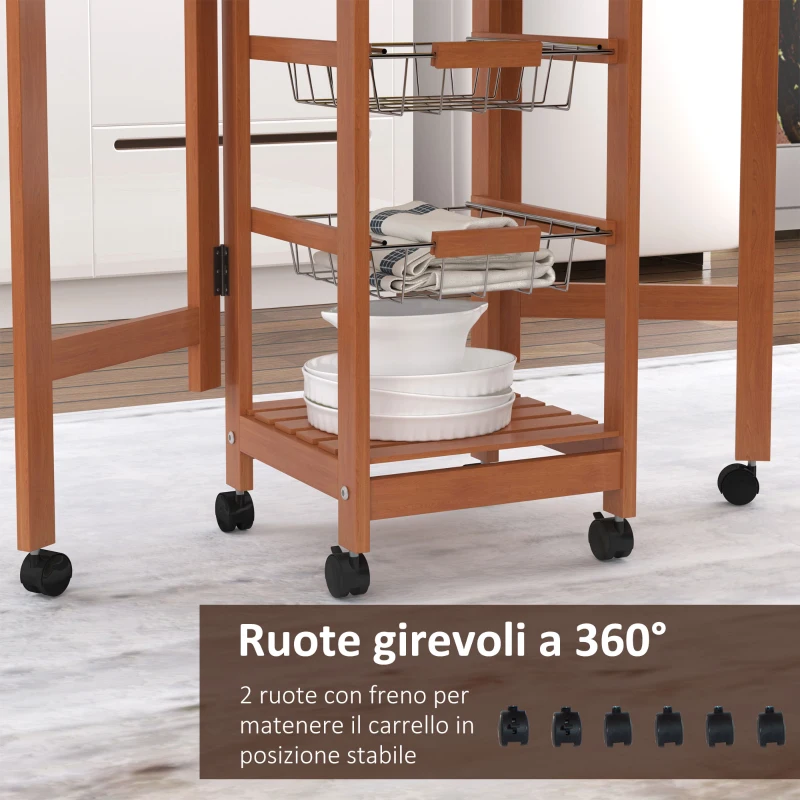 HOMCOM Carrello da Cucina con Piano in Mattonella Servizio Ausiliare Legno metallo Cromato 6 Ruote Cassetto