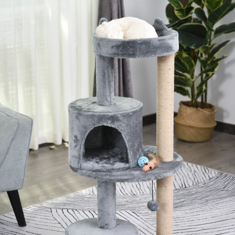 PawHut Katzenbaum 4-Stock Katzenhöhle Katzenhaus mit Spielbällen Sitzstange Sisalsäule und Kratzbrett groß stabil luxuriös Sisal Plüsch Grau 48x48x104 cm