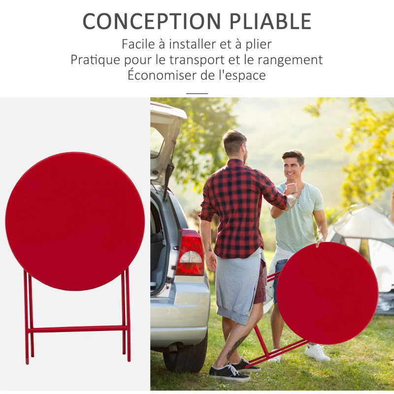 Outsunny Salon de jardin bistro pliable - table ronde Ø 60 cm avec 2 chaises pliantes - métal thermolaqué rouge