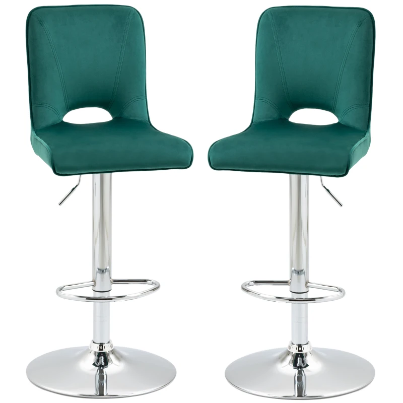 HOMCOM Conjunto de 2 Taburetes de Bar Sillas Altas Modernas con Altura Regulable y Asiento Giratoria con Marco de Metal y Reposapiés 41x51x97-117 cm Verde