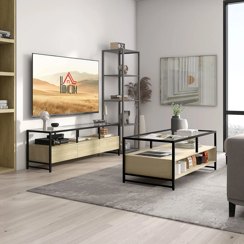HOMCOM TV-Bank im Industriedesign, 3 Schränke, 3 offene Regale, Glasplatte, Natur + Schwarz