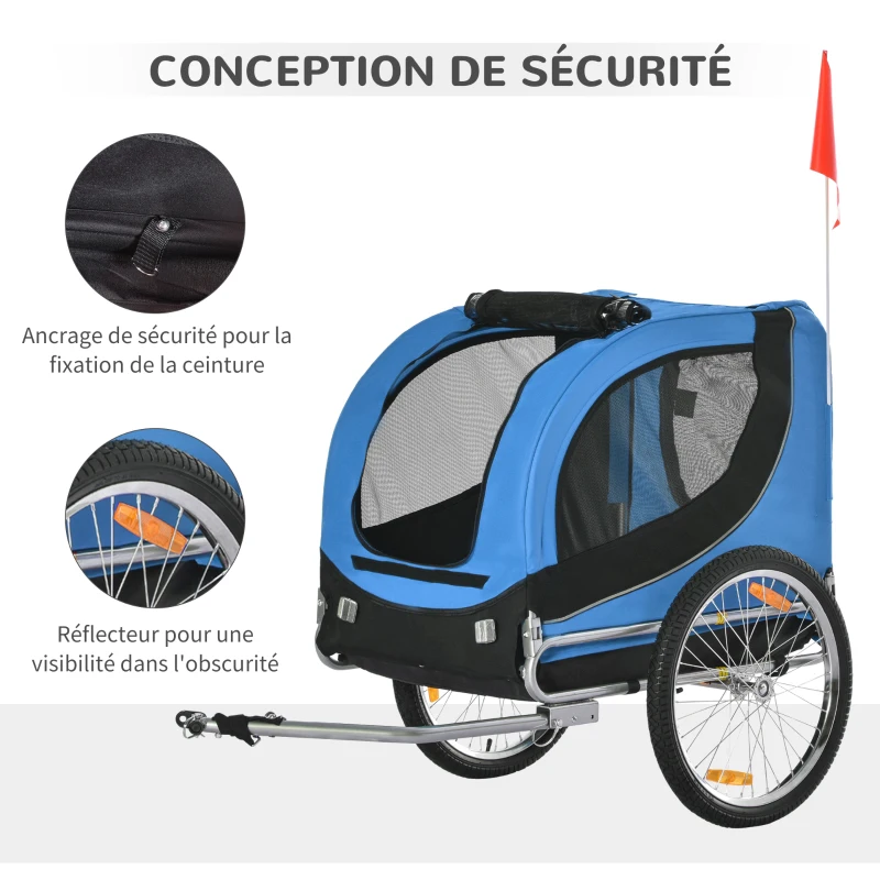 PawHut Remorque velo pour chien animaux avec 8 reflecteurs drapeau bleu noir