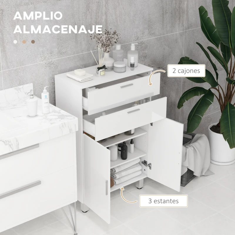kleankin Mueble Auxiliar Baño Moderno con 2 Cajones Armario y Estantes Ajustables Antivuelco Carga 35 kg 60x30x93 cm Blanco