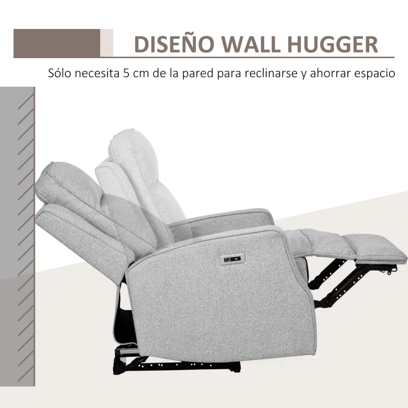 HOMCOM Sillón Relax de Salón Sofá Reclinable con Reclinación hasta 150° Reposabrazos y USB Carga 136 kg 84x92x104 cm Gris