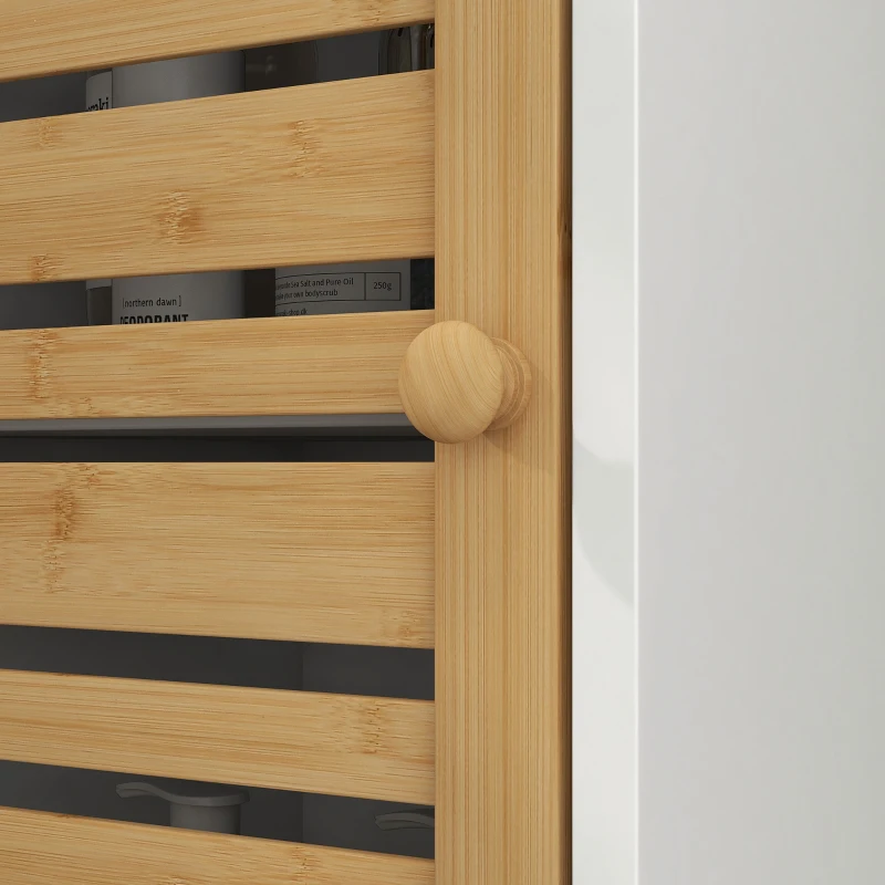 HOMCOM Mueble Auxiliar de Baño con Estantes Ajustables y Puertas de Bambú Anti-vuelco 35x30x170 cm Blanco y Natural