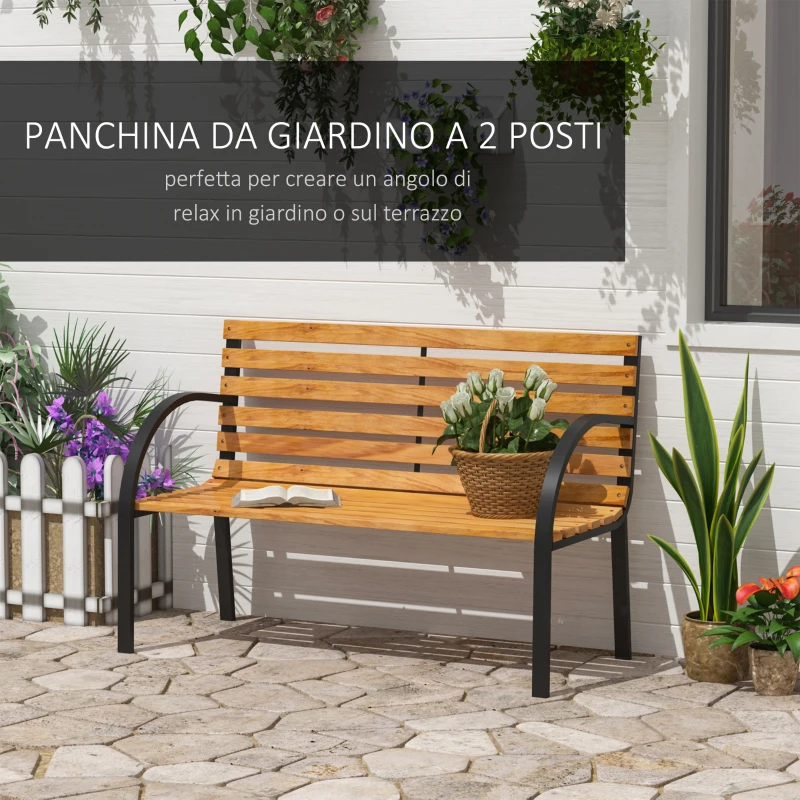 Outsunny Panca in Legno 2 Posti, Panchina da Esterno, Giardino, Balcone o Terrazzo 122x60x83cm, Nero e Color legno