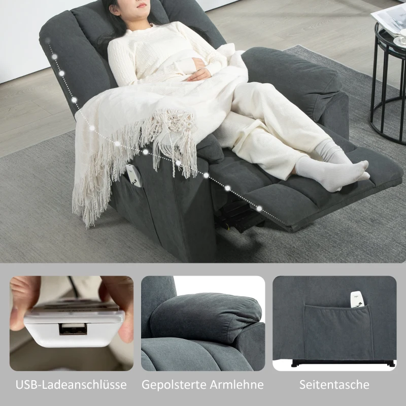 HOMCOM Elektrischer Relaxsessel mit Massage- und Wärme-Funktionen, Polstersessel mit USB-Anschluss, Seitentaschen, Grau(m-8)