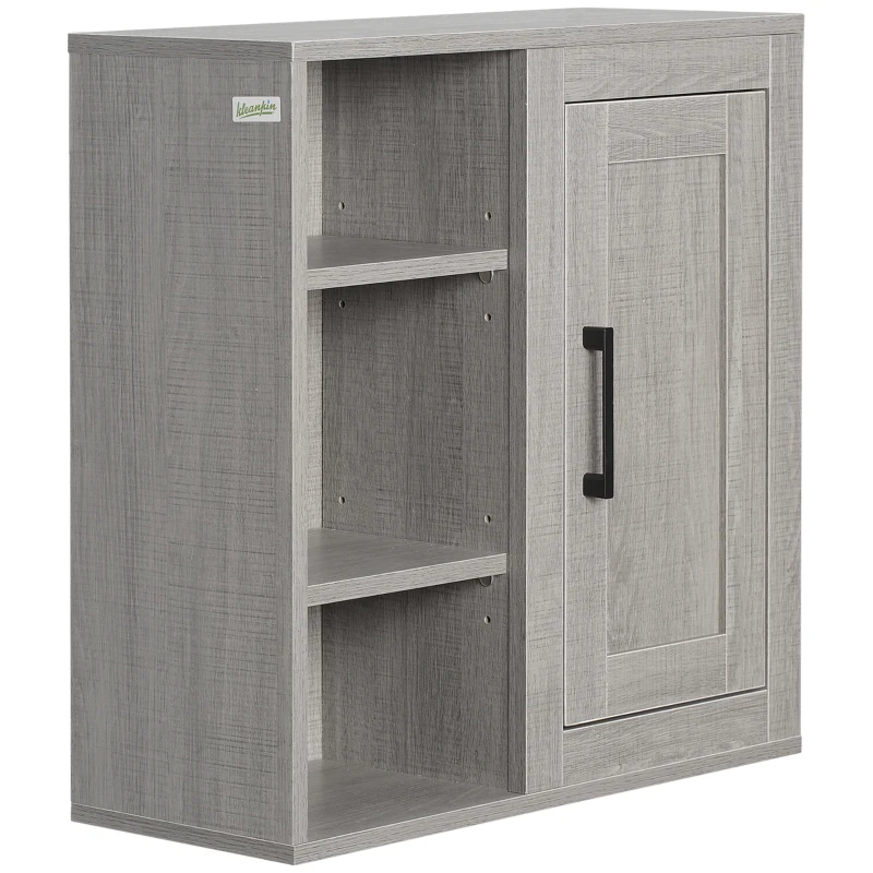 kleankin Armario de Baño de Pared con 3 Estantes Abiertos y 1 Puerta Mueble Auxiliar Suspendido Moderno 48x20x50 cm Gris