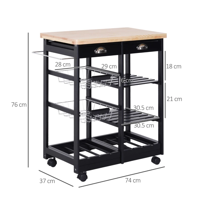 HOMCOM Carrello da Cucina Multiuso in Legno di Pino 74 x 37 x 75cm Nero