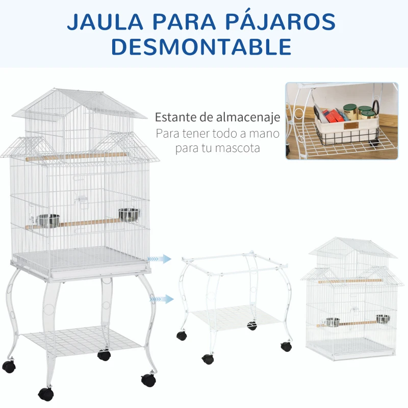 PawHut Jaula para Pájaros con Ruedas Jaula Grande con Soporte y Estante para Cacatúa ninfa Cotorra del Sol 50x49x137 cm Blanco