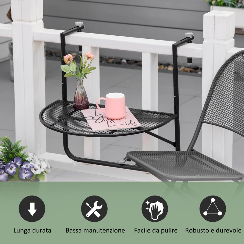 Outsunny Tavolo da Ringhiera Pieghevole e Regolabile in Metallo, 60x60x57-72cm, Nero