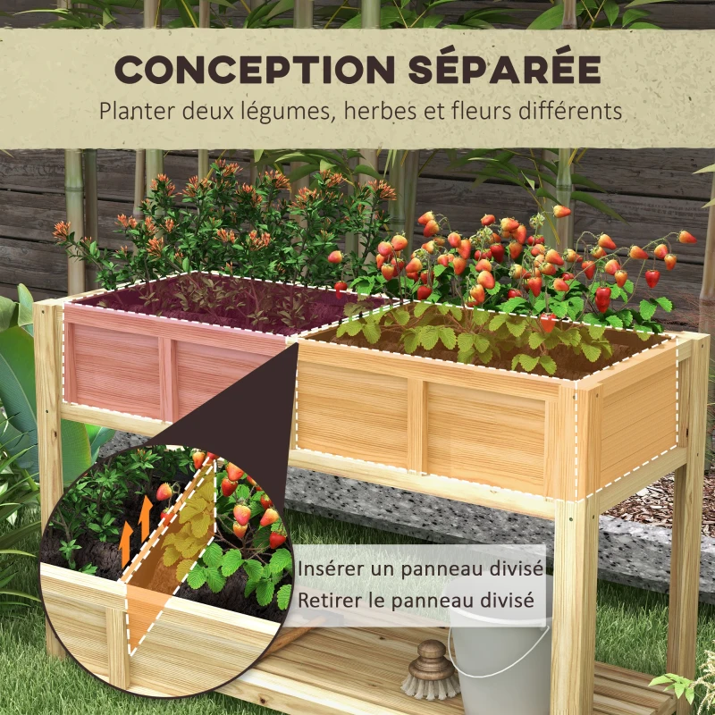 Outsunny Jardinière sur pieds avec séparateur amovible, étagère, Inserts d'irrigation, feutre de drainage 115L x 46l x 75H cm