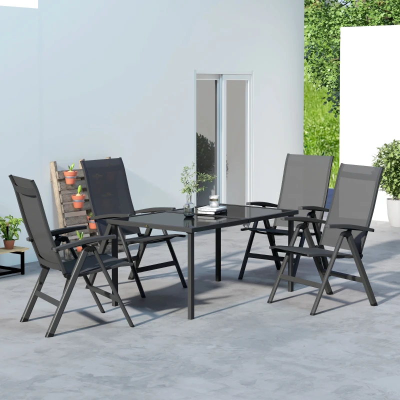 Outsunny Outdoor Sitzgruppe, 4 klappbare Stühle, Tisch mit Glasplatte, verstellbare Rückenlehne, Aluminium, Dunkelgrau
