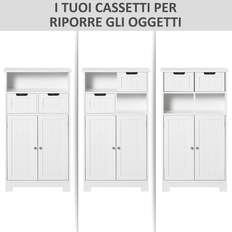 kleankin Mobile Bagno Multiuso Salvaspazio, Armadietto da Bagno con Armadietto 2 Ante, Mensola e 2 Cassetti Regolabili, 60x30x108.8cm, Bianco