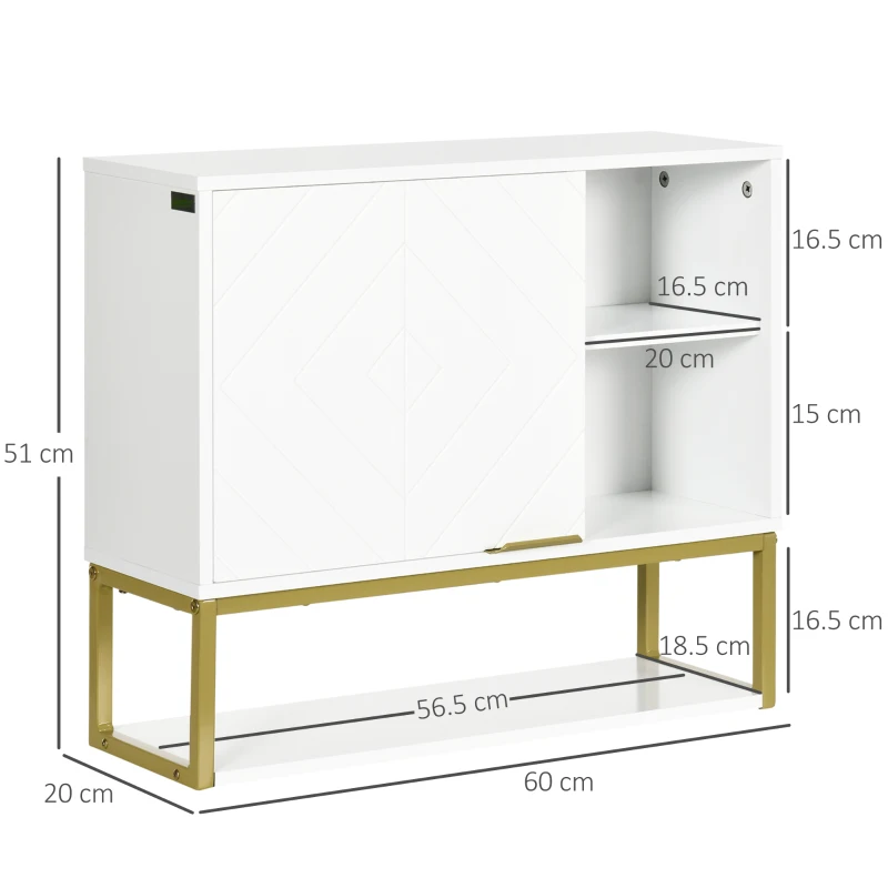 kleankin Armadietto Bagno a 2 Livelli, Montaggio a Parete con Ripiani Aperti in MDF Bianco, 60x20x51 cm