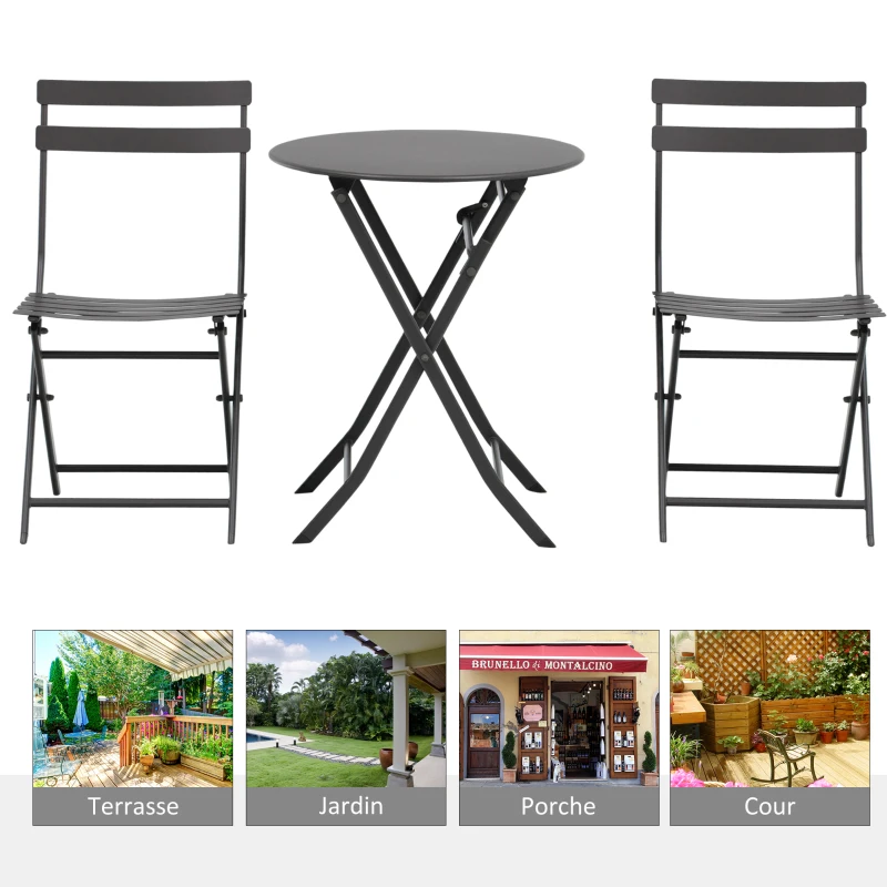 Outsunny Salon de jardin bistro pliable - table ronde Ø 60 cm avec 2 chaises pliantes - métal thermolaqué gris