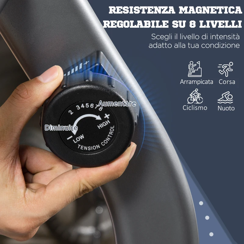 HOMCOM Cyclette Orizzontale con Seduta Regolabile, 8 Resistenze e Monitor LCD, 121.5-136x62.5x98cm, Grigio