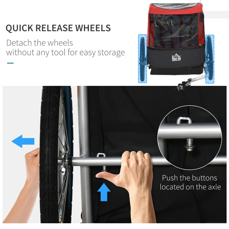 HOMCOM Child Bike Trailer Foldable 2-Seat Baby Transport Carrier with Storage Bag Five-point Safety Harness Hitch Coupler Red