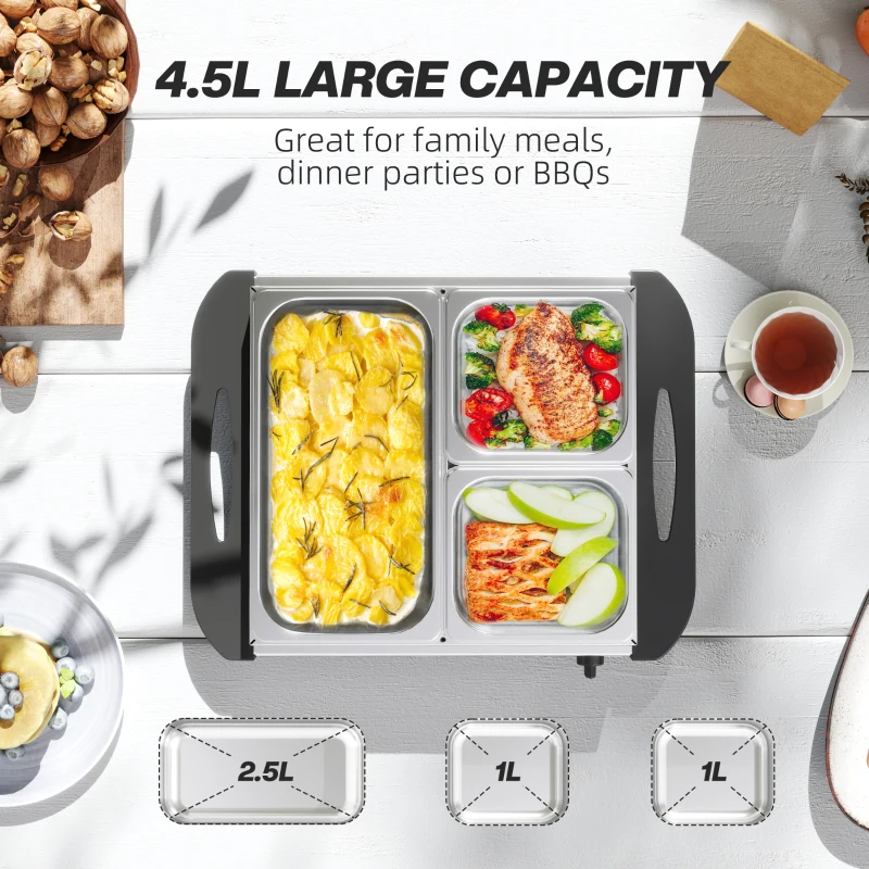 HOMCOM 4.5L Stainless Steel Electric Buffet Server, with 3x Trays and Lids