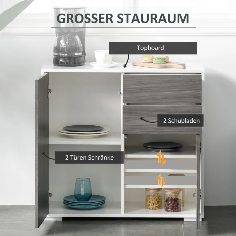 HOMCOM Aufbewahrungsschrank mit 2 Schubladen, 2 Türen, mit Kippschutz, für Wohnzimmer, Schlafzimmer, 79 x 36 x 74 cm, Weiß+Grau