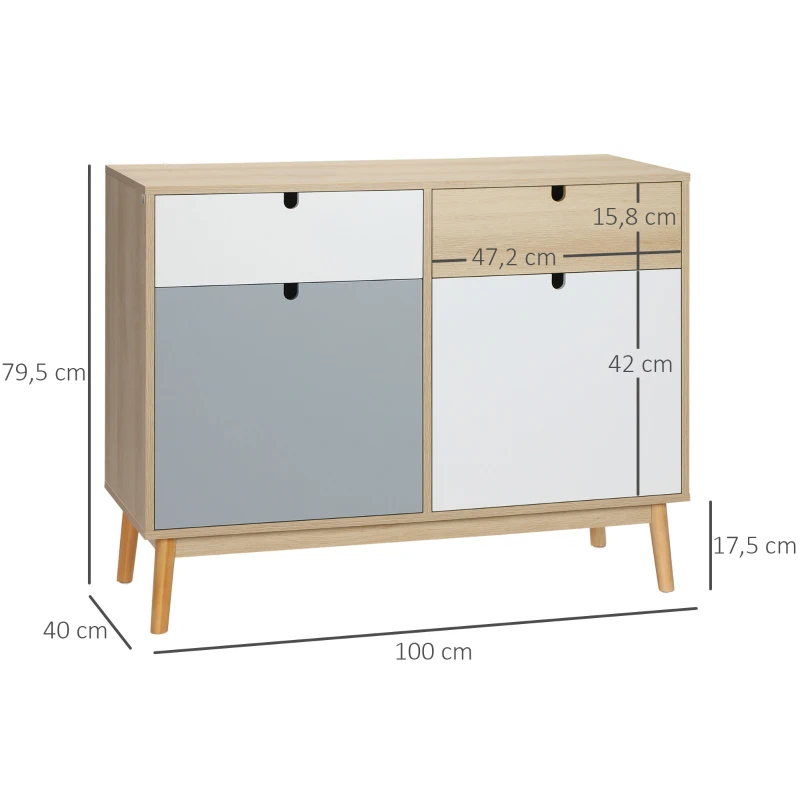 HOMCOM Aparador Auxiliar Mueble de Almacenamiento de Salón con 2 Armarios Cerrados y 2 Cajones Patas Elevadas de Madera de Pino para Cocina Dormitorio Entrada 100x40x79,5 cm Multicolor(m-3)