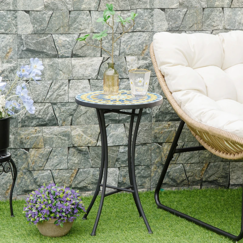 Outsunny Tavolino da Giardino in Metallo con Piano d'Appoggio a Mosaico, Ф35.5x53.5cm