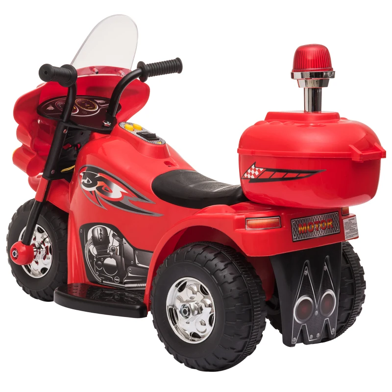 HOMCOM Moto Eléctrica para Niños de 18-36 Meses Moto de Batería 6V Motocicleta Infantil con 3 Ruedas Música Bocina Faros Baúl 80x35x52 cm Rojo