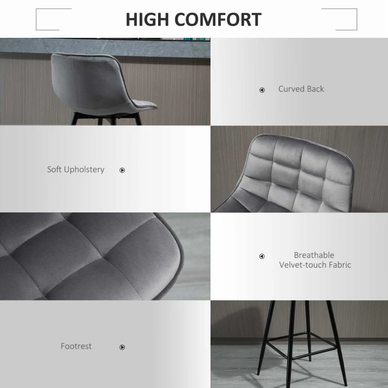 HOMCOM Set of 2 Bar Stools Velvet-Touch Dining Chairs Kitchen Counter Chairs    Fabric Upholstered seat with Metal Legs, Backrest, Grey