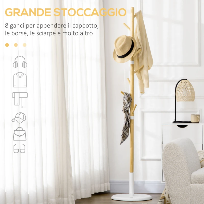 HOMCOM Albero Appendiabiti a 8 Ganci con Base Rotonda in Bambù, Legno e Metallo, Ø37.8x175.6 cm, color Legno e Bianco