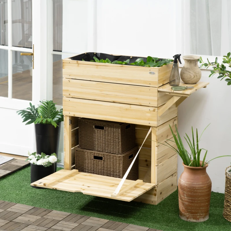 Outsunny Hochbeet mit Klapptisch und Stauraum, lackiertes Massivholz, Innenverkleidung aus Vlies, 105cm x 39,5cm x 105cm