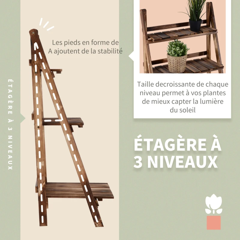 Outsunny Étagère à plantes en bois forme pyramidale échelle pliante avec 3 étagères 60 x 37 x 93 cm marron