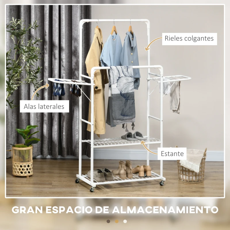 HOMCOM Perchero de Ropa con Ruedas Tendedero Vertical con 2 Alas Plegables 2 Rieles Colgantes 2 Estantes 153x43,7x171cm Blanco