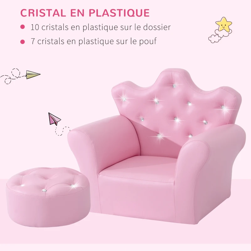 HOMCOM Ensemble Fauteuil et Pouf Enfant Design Couronne de Princesse - Dossier et Assise Pouf avec Boutons Strass Aspect Cristaux - Structure Bois revêtement synthétique PVC Rose