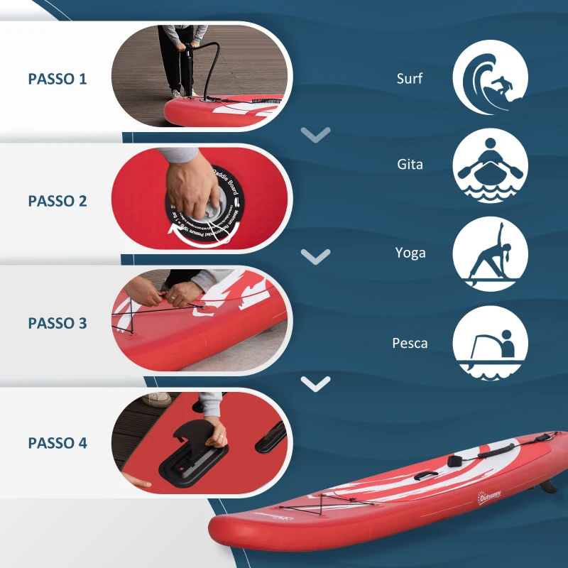 Outsunny Tavola SUP Gonfiabile con Pagaia, Accessori e Zaino di Trasporto, 300x76x15cm, Rosso e Bianco