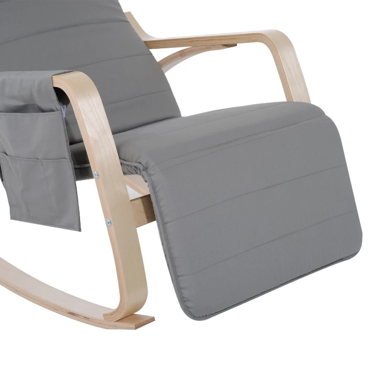 HOMCOM Silla de Relax Mecedora Balancín de Madera con Reposapiernas Ajustable y Bolsa para Revistas (Gris)
