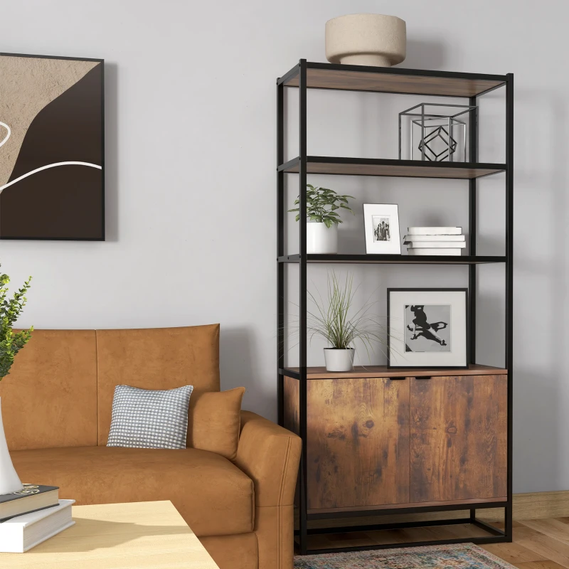HOMCOM Scaffale Libreria in Stile Vintage con 3 Ripiani, 1 Armadietto in Legno e Telaio in Metallo Nero 76x33x162.5cm