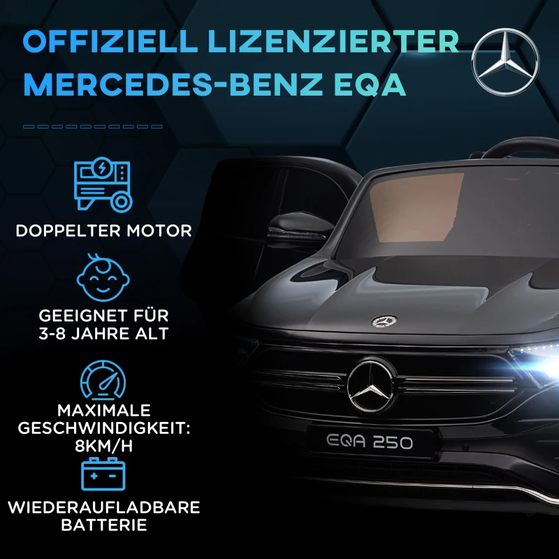 HOMCOM Elektro Kinderauto, lizenzierter Mercedes-Benz EQA, 3-8 km/h, Musik, Scheinwerfer, Hupe, Fernsteuerung, schwarz