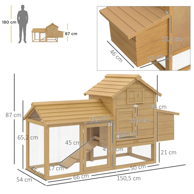 PawHut Gallinero de Madera para Exterior Jaula para 2-3 Gallineras con 2 Corrales de Alambre Techo Abrible Caja Nido Bandeja Extraíble y Rampa 150,5x54x87 cm Natural(m-3)