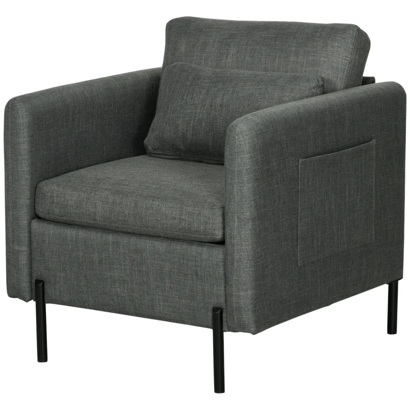 HOMCOM Poltroncina Moderna in Tessuto effetto Lino con Gambe in Acciaio e Tasche laterali, 73x73x80cm, Grigio