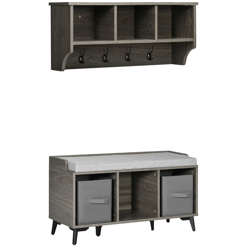 HOMCOM Ensemble de Banc à Chaussures et Porte-manteau Multi-rangement - Coussin rembourrée - pour Entrée, Salon, Chambre - Gris