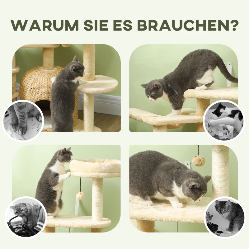 PawHut Kratzbaum mit Hängematte, Spielbällen, Plüsch, 56 x 48 x 112 cm, Beige/Cremeweiß