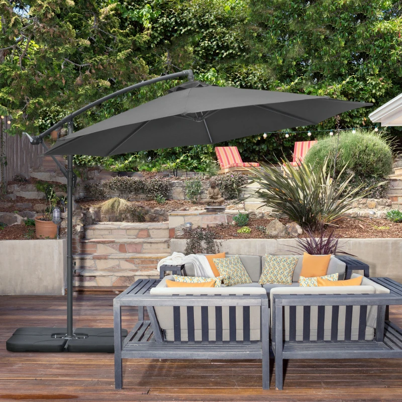 Outsunny 3(m) Garden Banana Parasol Cantilever Umbrella with Crank Handle, Cross Base, Weights and Cover for Outdoor, Hanging Sun Shade, Black