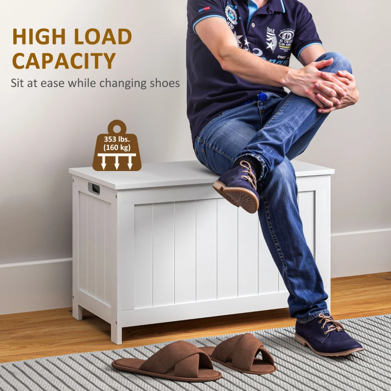 HOMCOM Storage Chest, Modern Storage Trunk with 2 Safety Hinges and Cut-out Handles, Wooden Toy Box for Living Room, Entryway, 76 x 40 x 48 cm, White