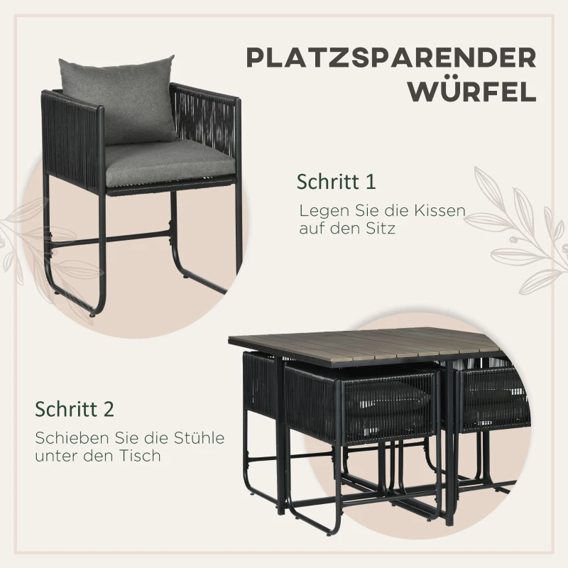 Outsunny Outdoor Essgruppe, Gartengarnitur, 5-teilig, Polyrattan, Sitzkissen, wetterfest, Schwarz/Grau