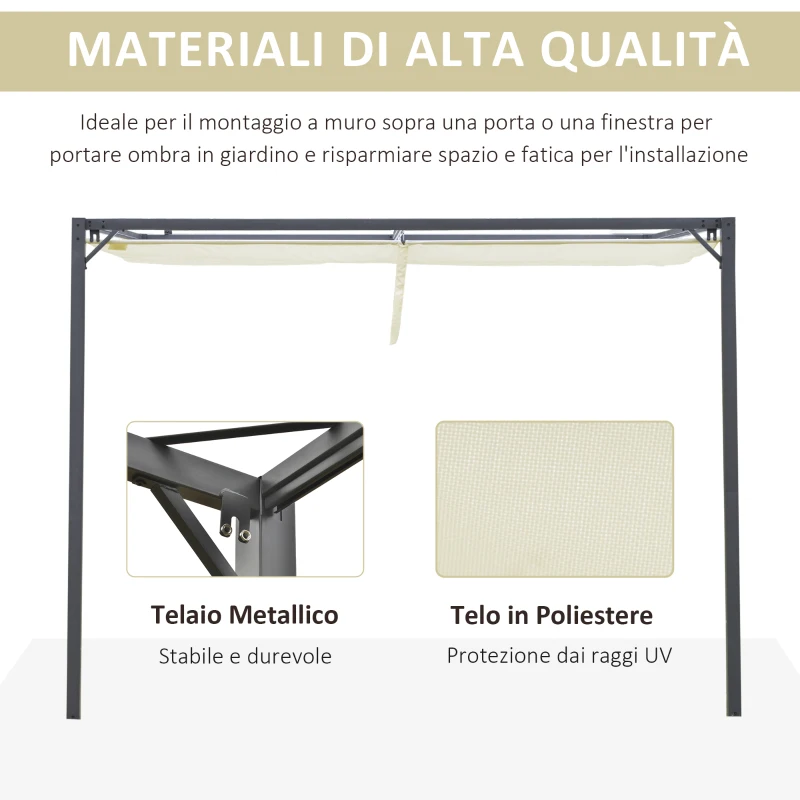 Outsunny Gazebo Pergola 3x3m da Giardino in Metallo con Tettuccio Scorrevole Bianco Crema, Pergola da Giardino a Parete